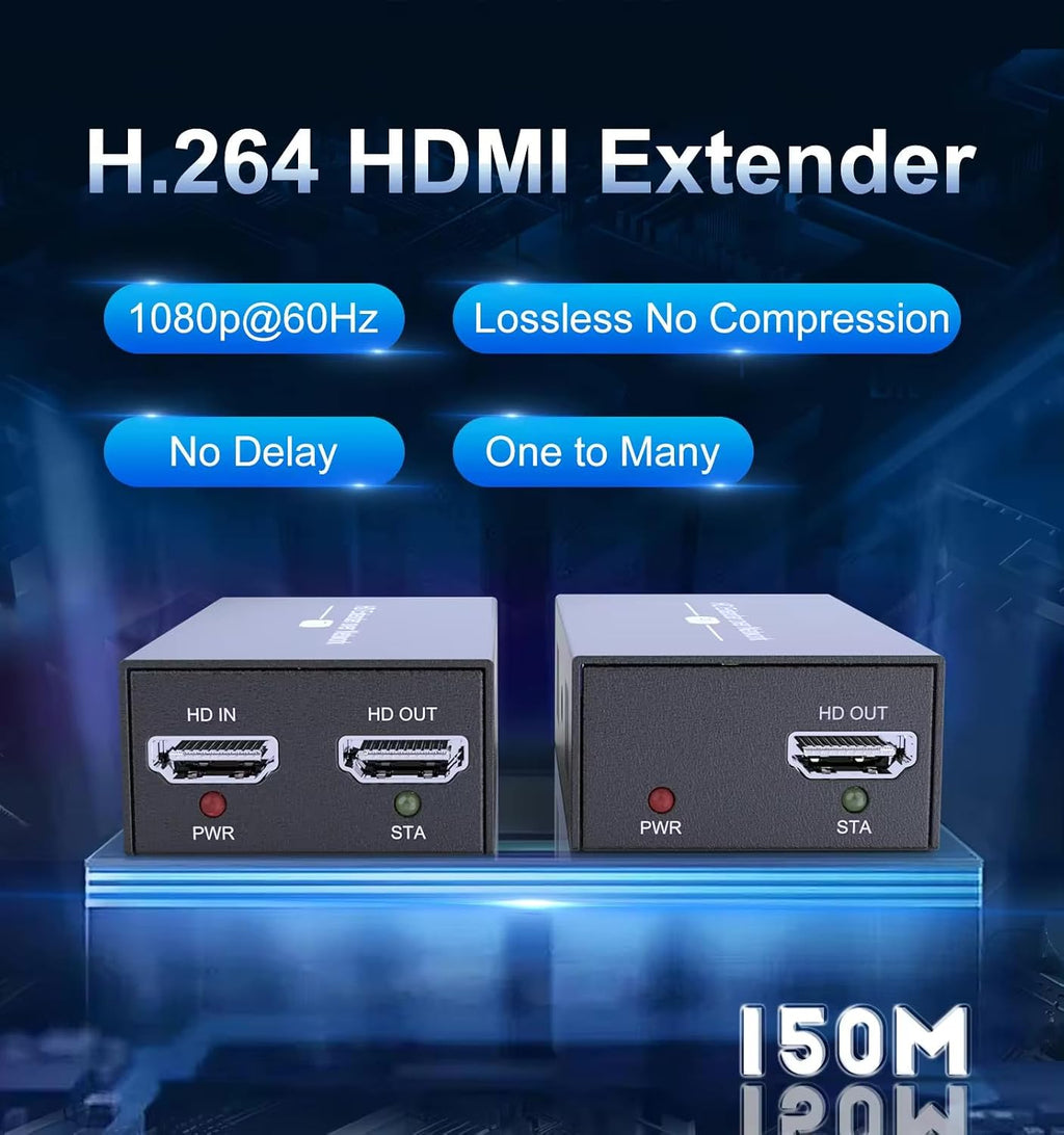 HDMI Extender Converter 1080P Over Cat5e/Cat6/Cat7 50m/164ft Uncompressed HDMI Ethernet Extender Adapter, One to Many, One to One, Receiver and Sender